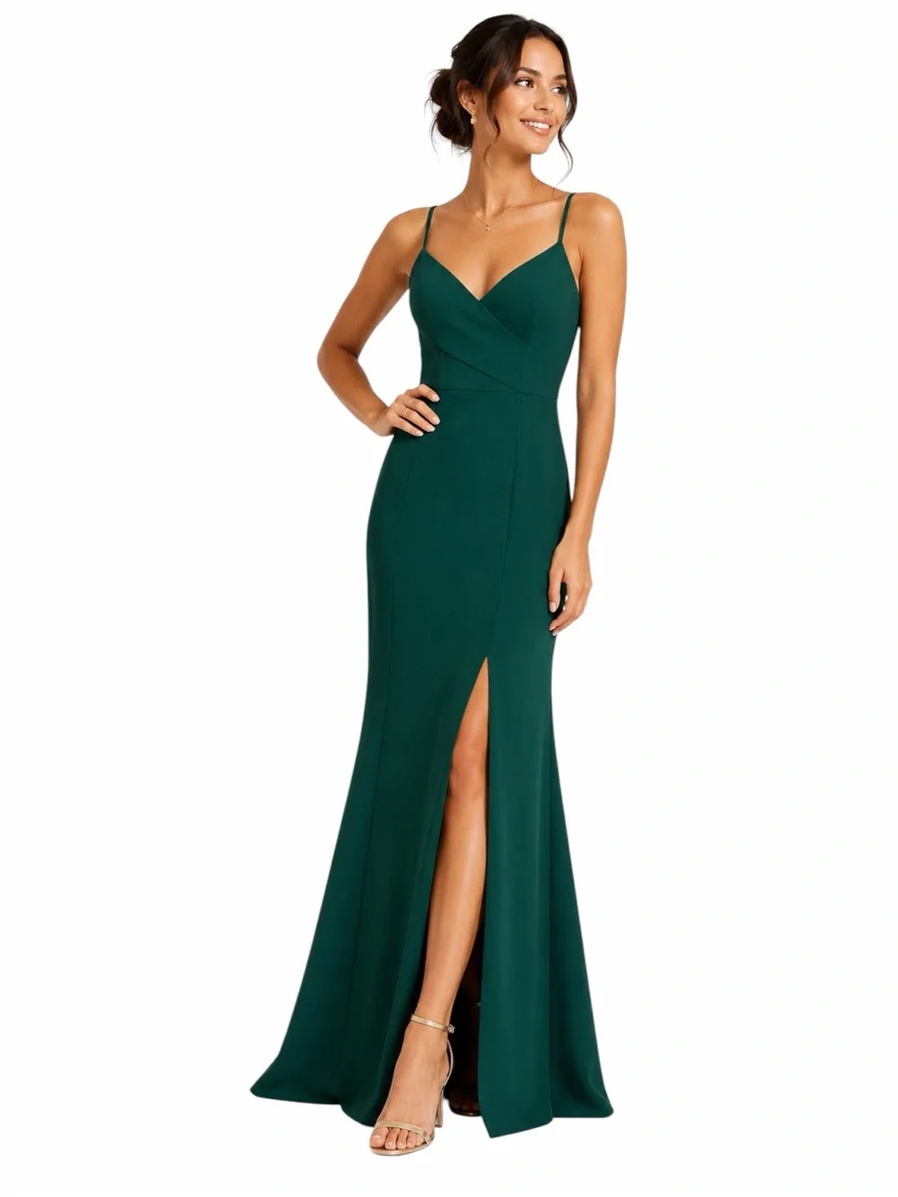 dessy green dress Draped Satin Grecian Column Gown with Convertible Straps